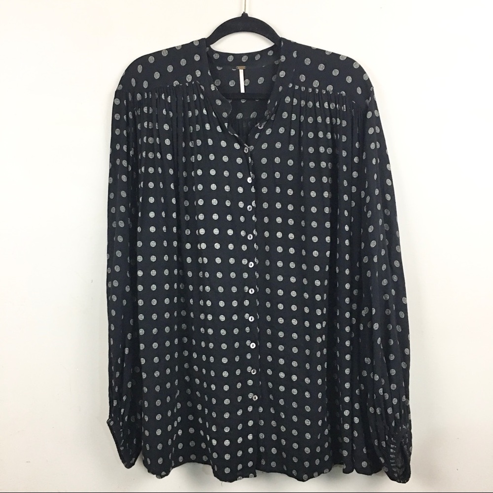 Free People Black White Polka Dot Button Tunic Top